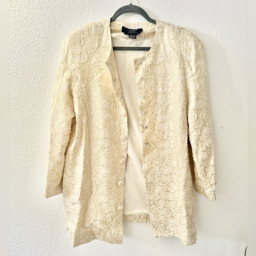 Vintage Carmen Marc Valvo cream and gold beaded brocade evening jacket sz 16